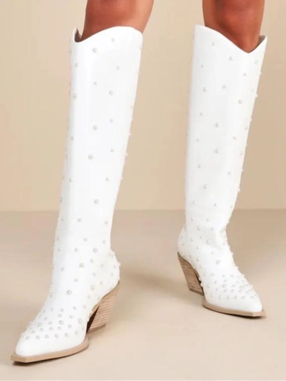 White Pearl-Embellished Knee Boot